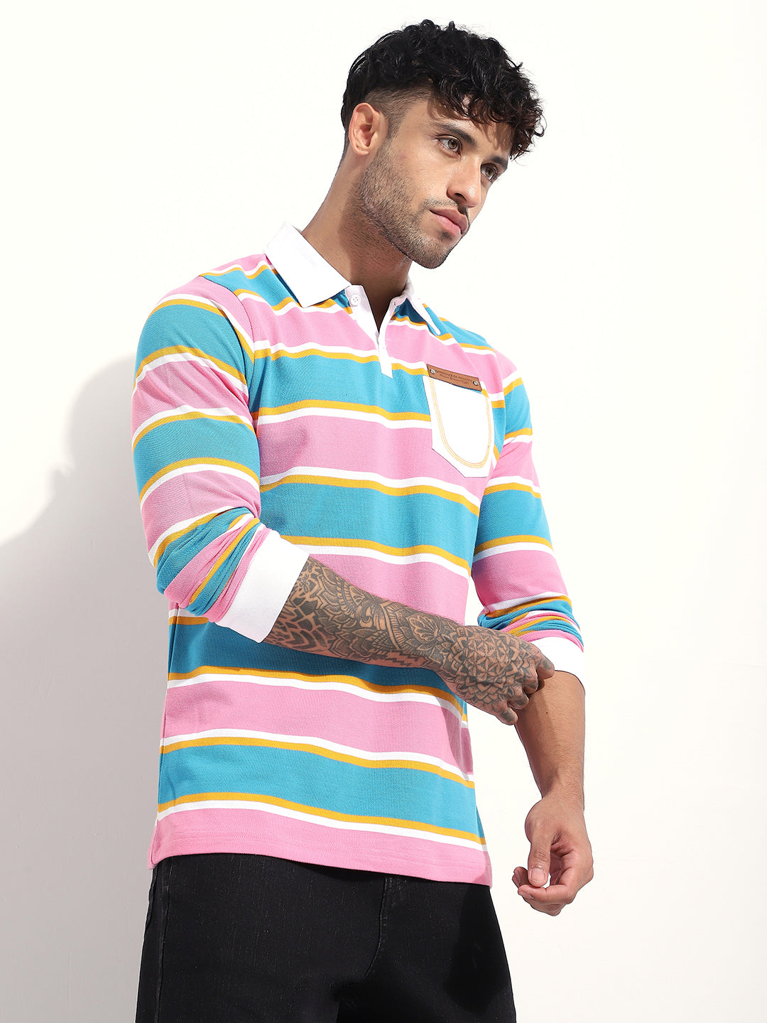 Mens Full Sleeve Polo Neck Striped Regular Fit Tshirts