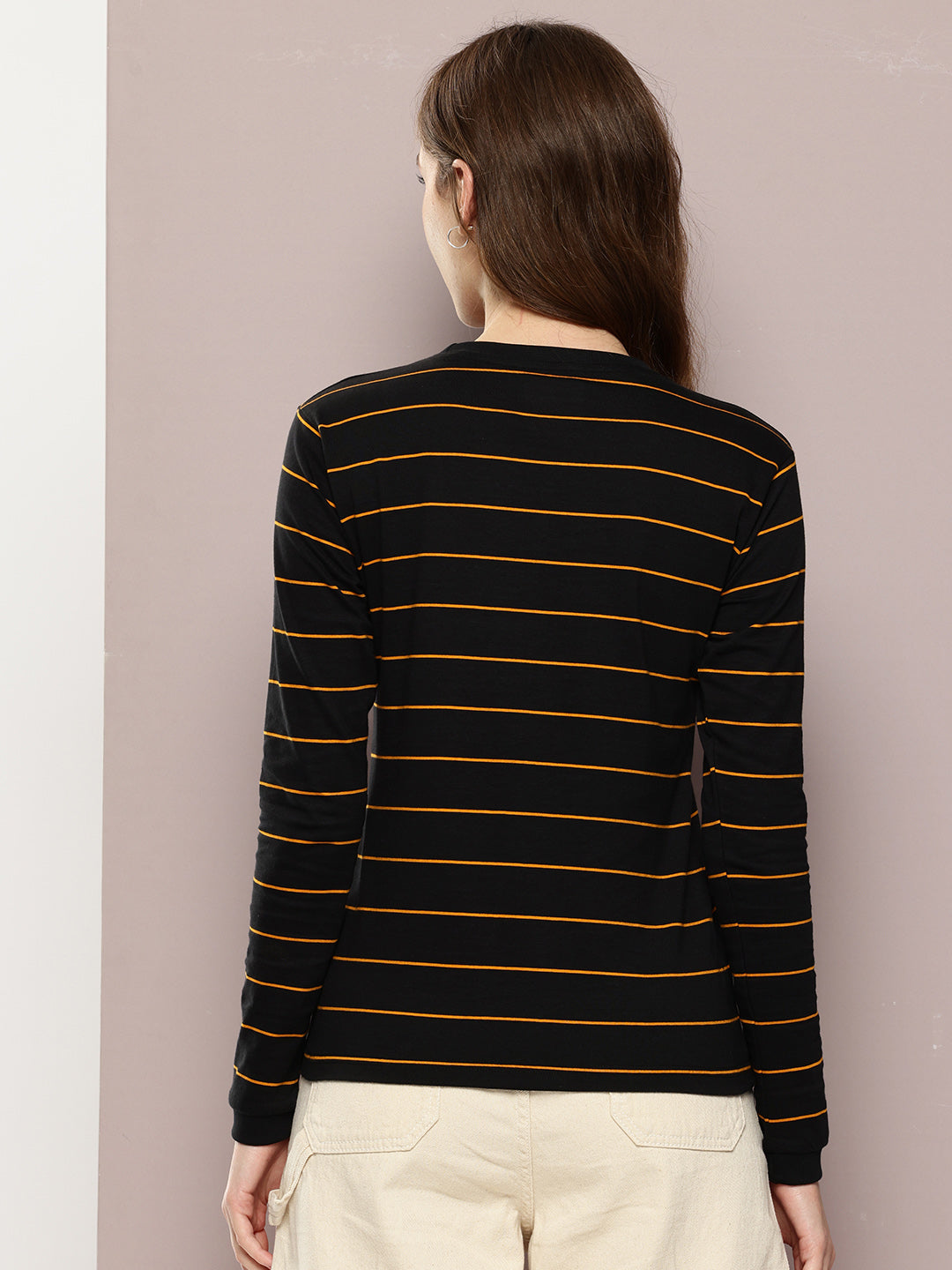 Womens Full Sleeve Round Neck Striped Regular Fit Tshirts