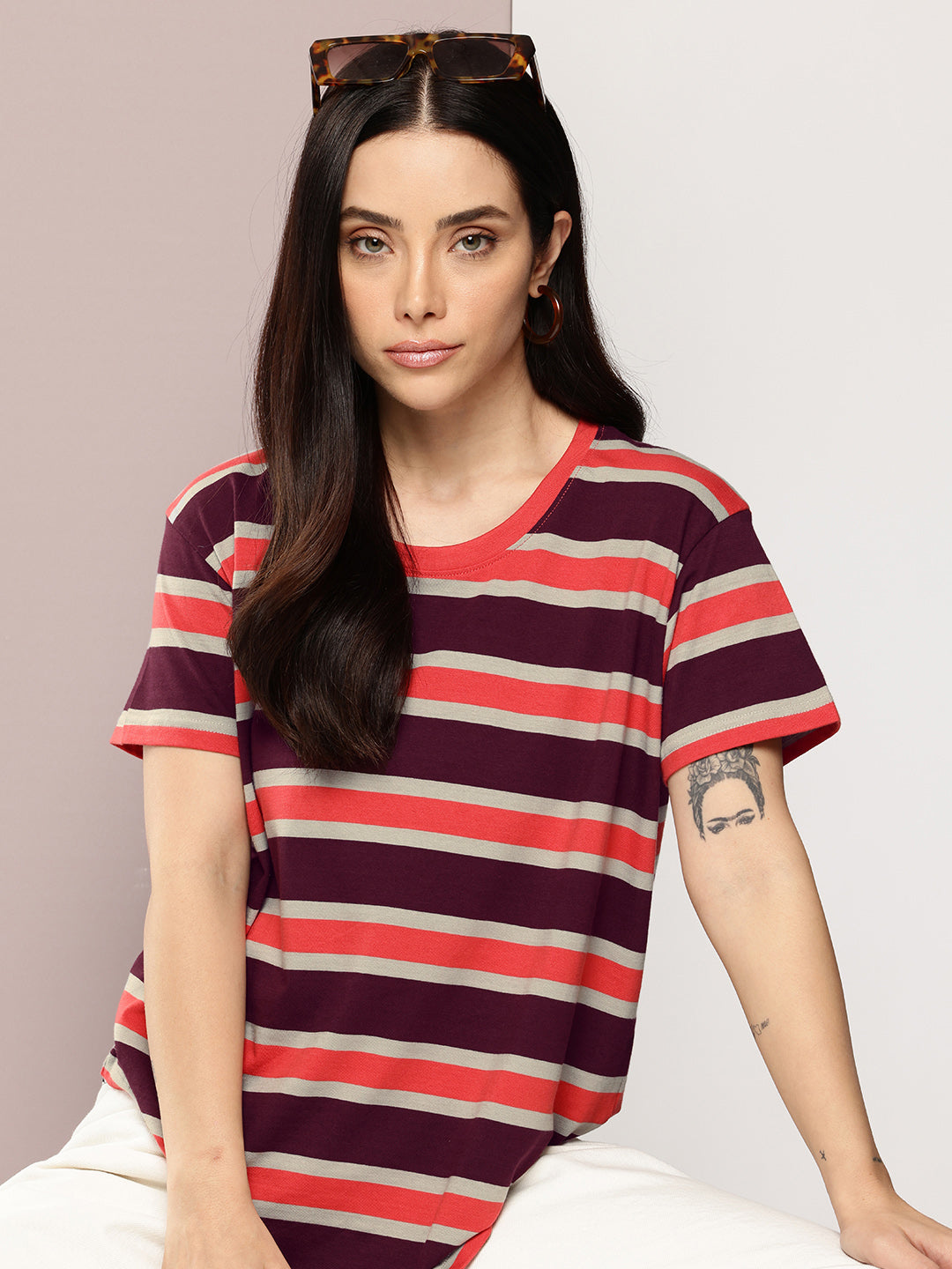 Womens Half Sleeve Round Neck All-Over Striped Boxy Fit Tshirts
