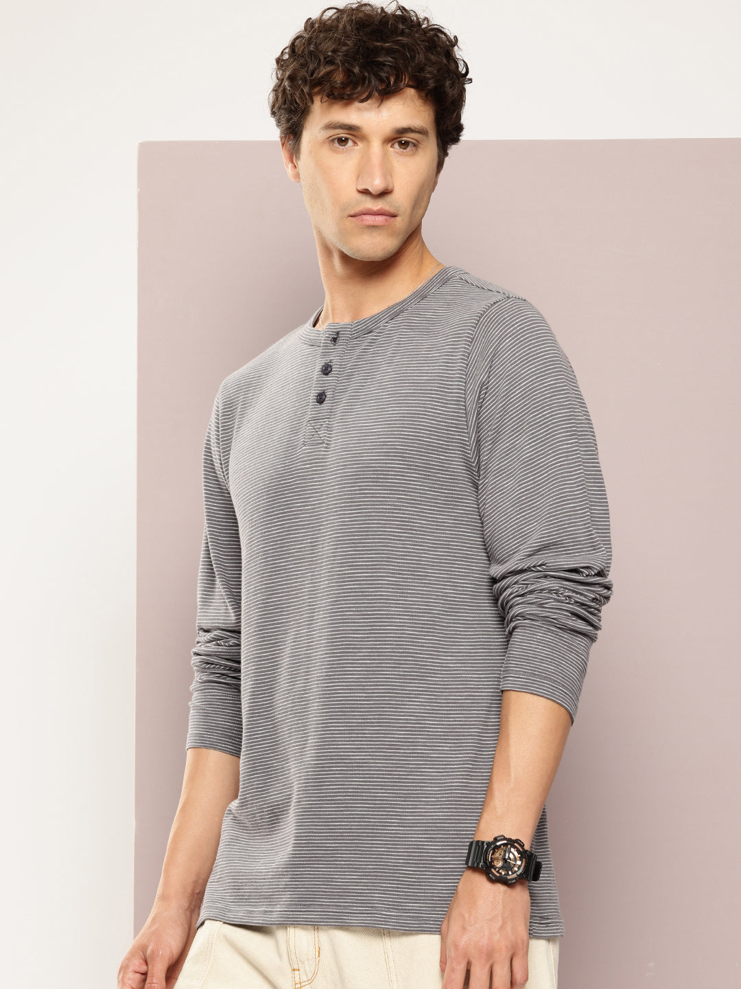 Mens Full Sleeve Henley Neck All-Over Striped Regular Fit Tshirts