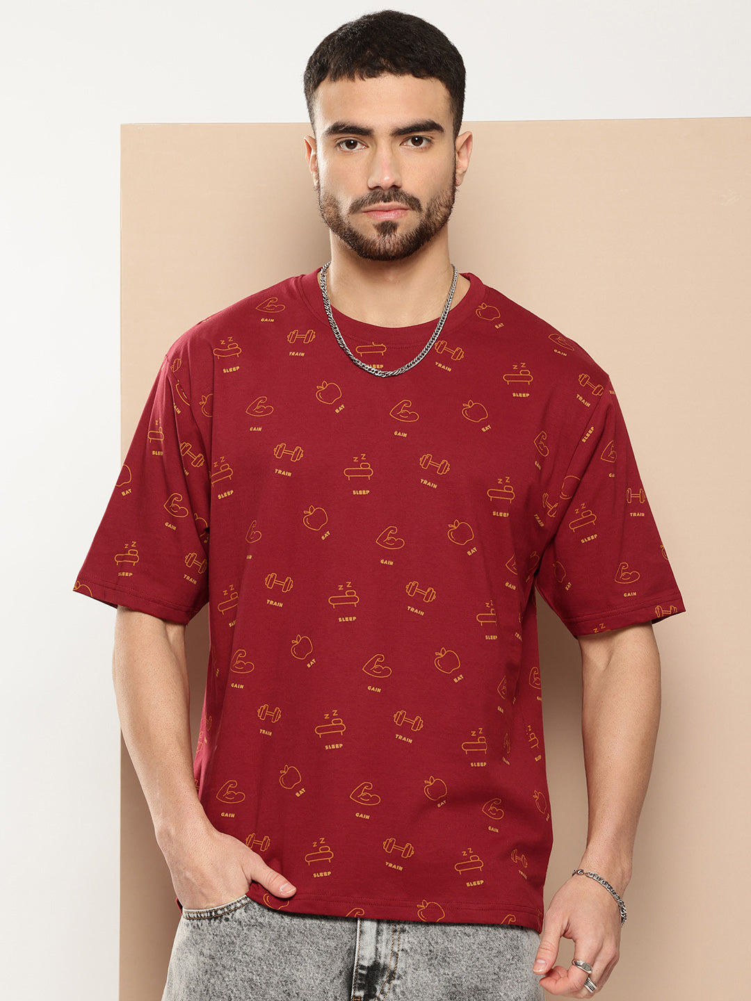 Mens Half Sleeve Round Neck All-Over Printed Oversized Fit Tshirts