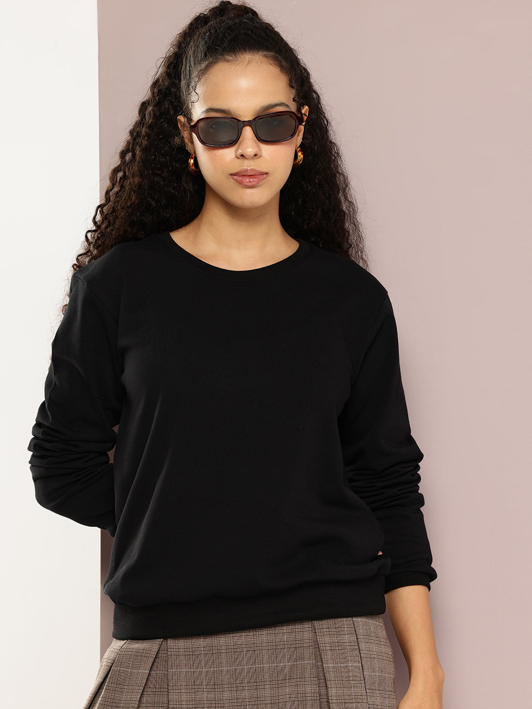 Womens Full Sleeve Round Neck Solid Relaxed Fit Tshirts