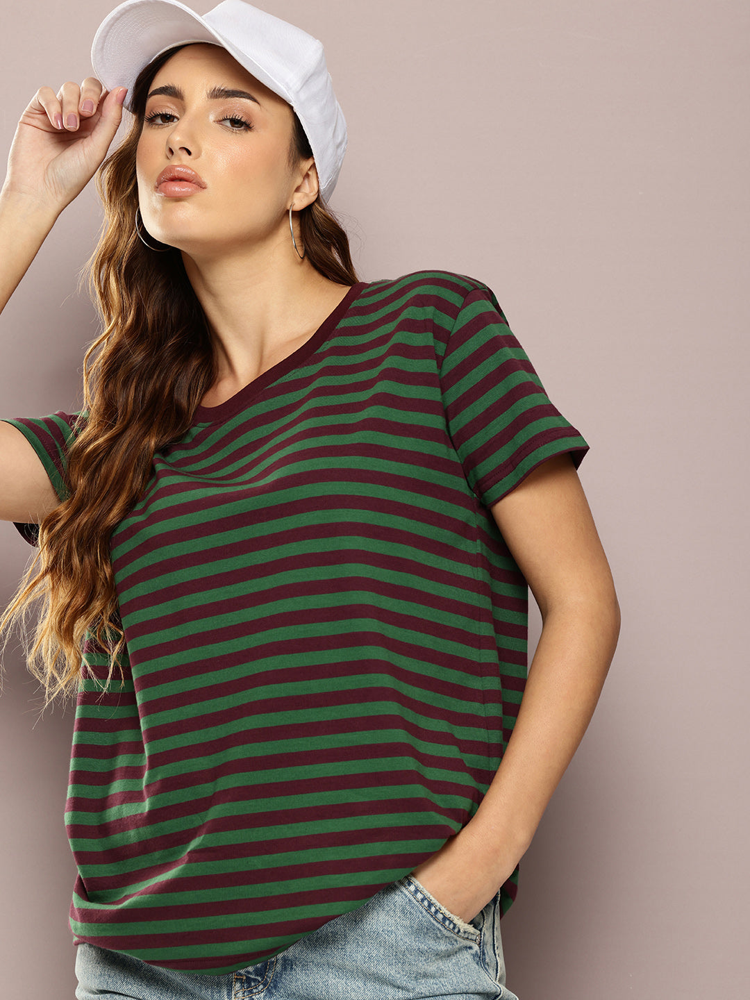 Womens Half Sleeve Round Neck All-Over Striped Boxy Fit Tshirts