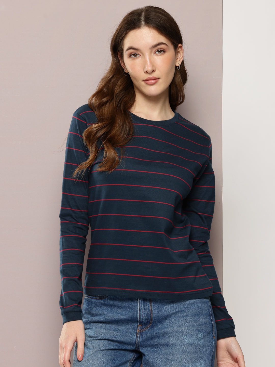 Womens Full Sleeve Round Neck Striped Regular Fit Tshirts