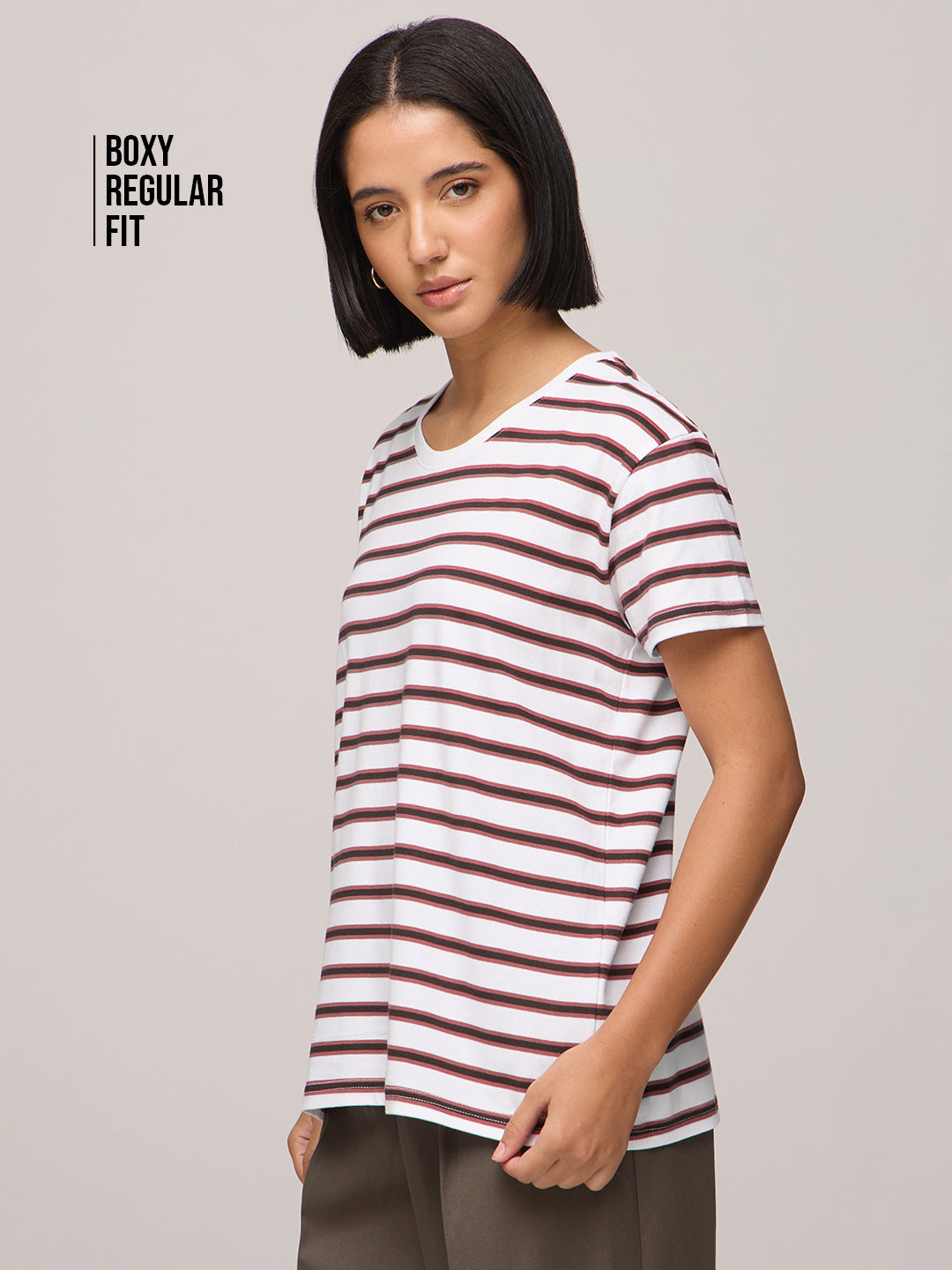 Womens Striped Boxy Regular Fit Cotton T-Shirt
