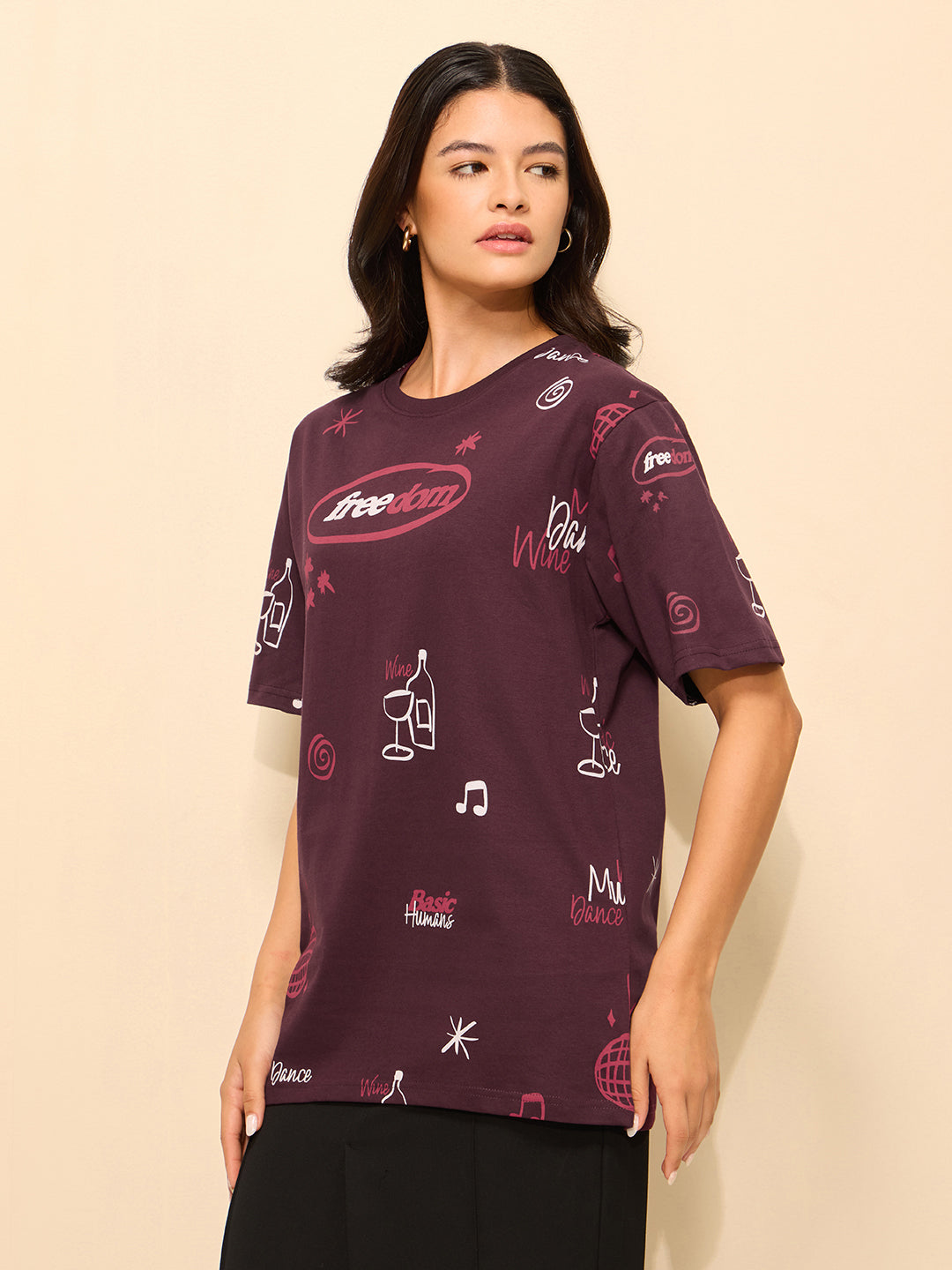 Womens All Over Printed Oversized Fit Cotton T-Shirt