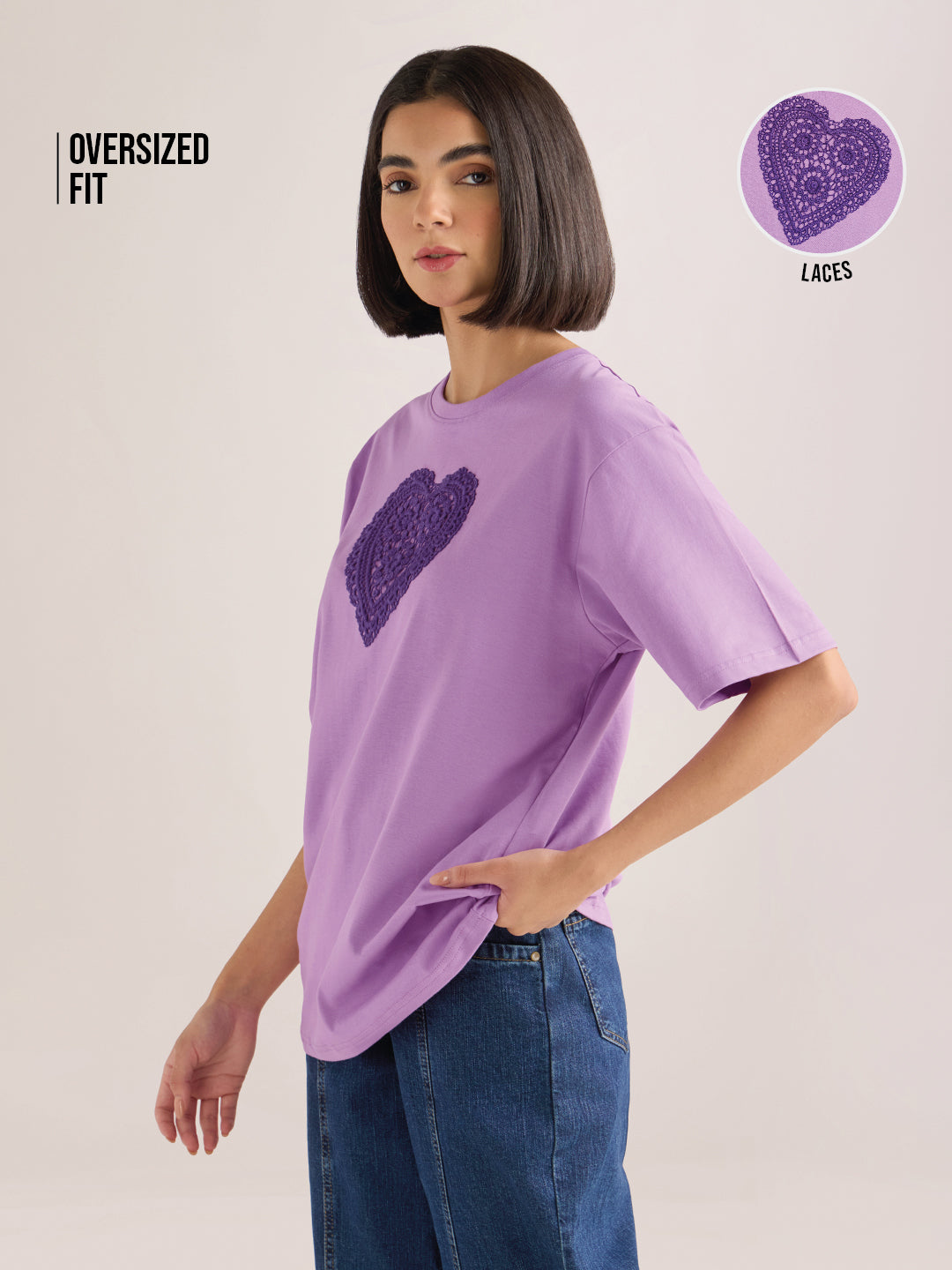 Womens Laces Detailed Oversized Round Neck Cotton Tshirt