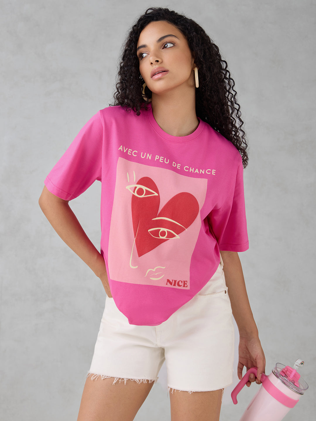 Womens Half Sleeve Puff Printed Oversized Fit Tshirt