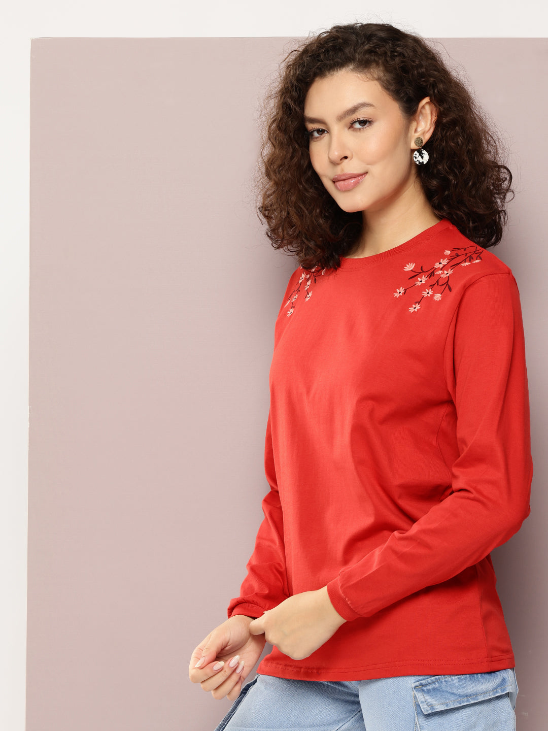 Womens Full Sleeve Round Neck Embroidered Oversized Fit Tshirts
