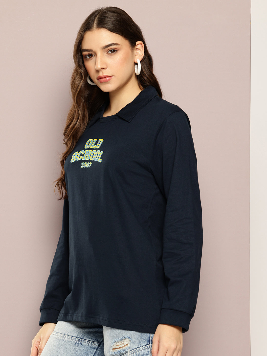 Womens Full Sleeve Polo Neck Printed Oversized Fit Tshirts