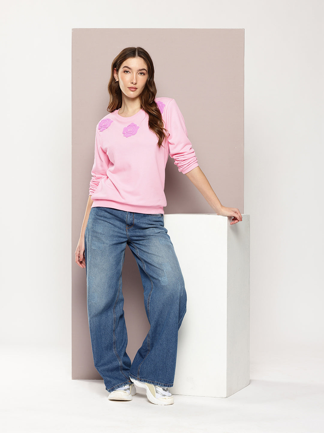 Womens Full Sleeve Round Neck Embellished Relaxed Fit Tshirts