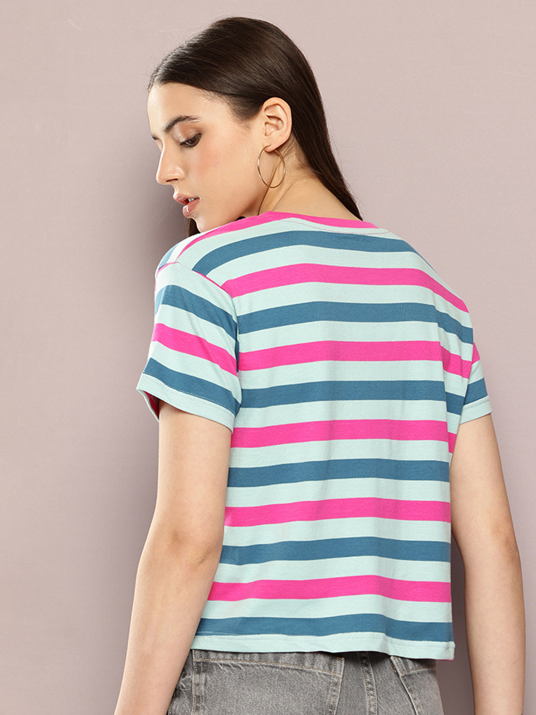 Womens Half Sleeve Round Neck All-Over Striped Boxy Fit Tshirts