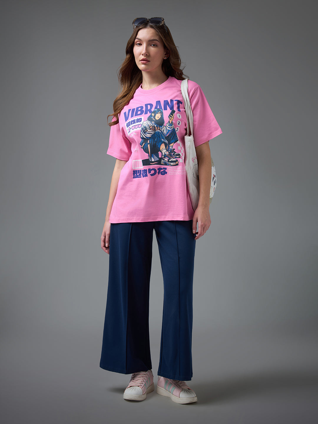 Womens Printed Round Neck Oversized Fit Tshirt
