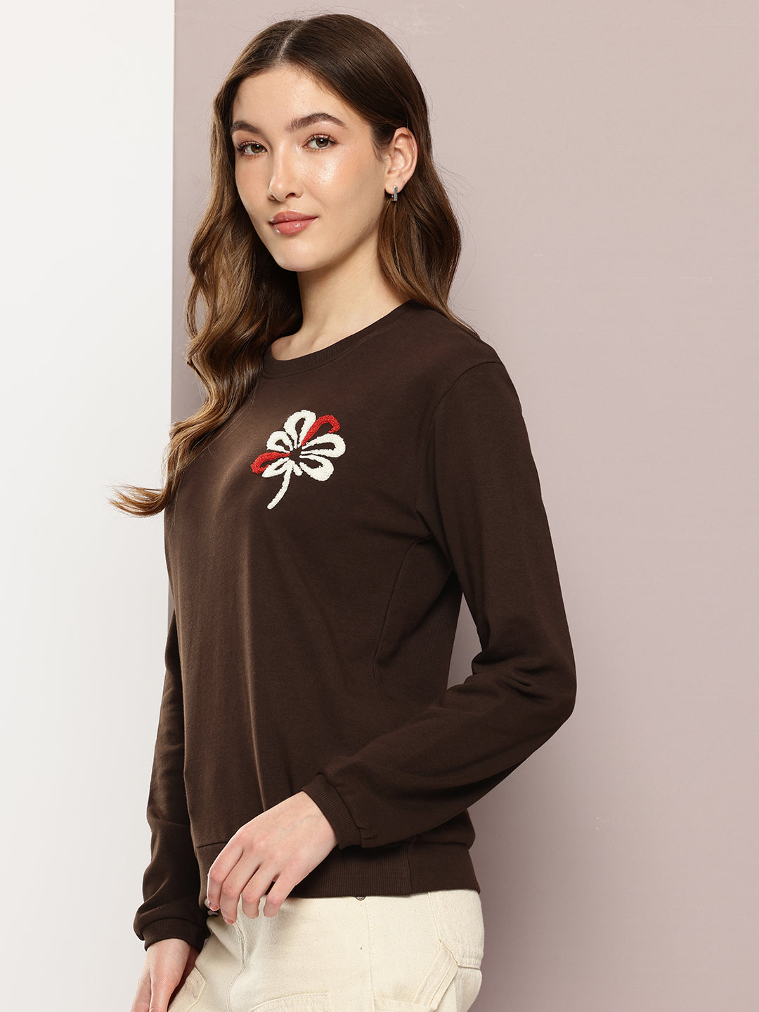 Womens Full Sleeve Round Neck Embroidered Relaxed Fit Tshirts