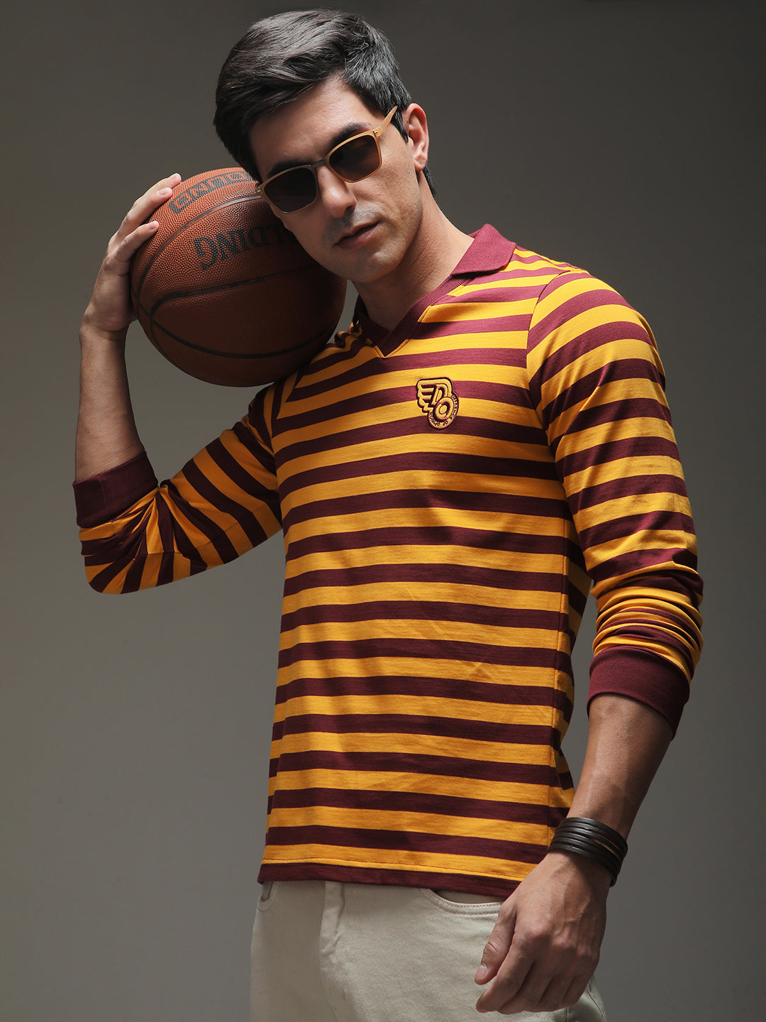 Mens Full Sleeve Polo Neck Striped Regular Fit Tshirts