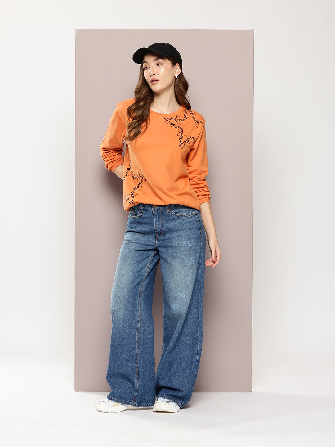 Womens Full Sleeve Round Neck Embroidered Relaxed Fit Tshirts