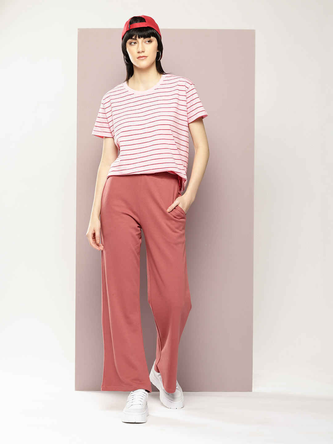 Womens Half Sleeve Round Neck Striped Boxy Fit Tshirts