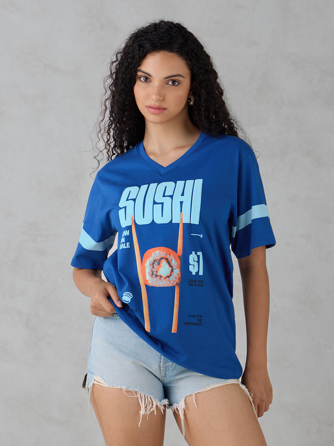 Womens Half Sleeve Puff Printed Oversized Fit V-Neck Tshirt