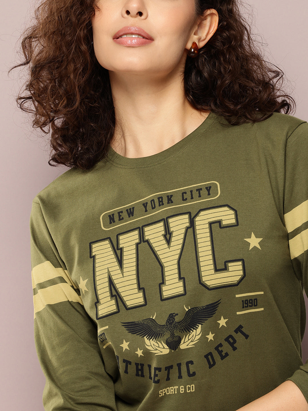 Womens Full Sleeve Round Neck Printed Oversized Fit Tshirts