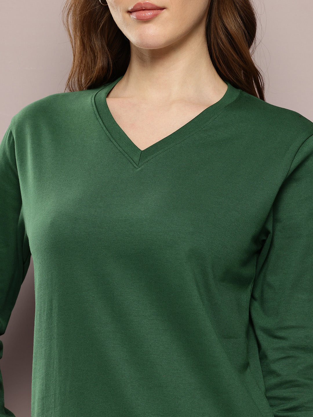 Womens Full Sleeve V-Neck Solid Regular Fit Tshirts