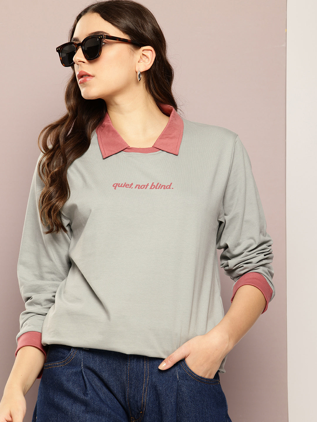 Womens Full Sleeve Polo Neck Printed Oversized Fit Tshirts