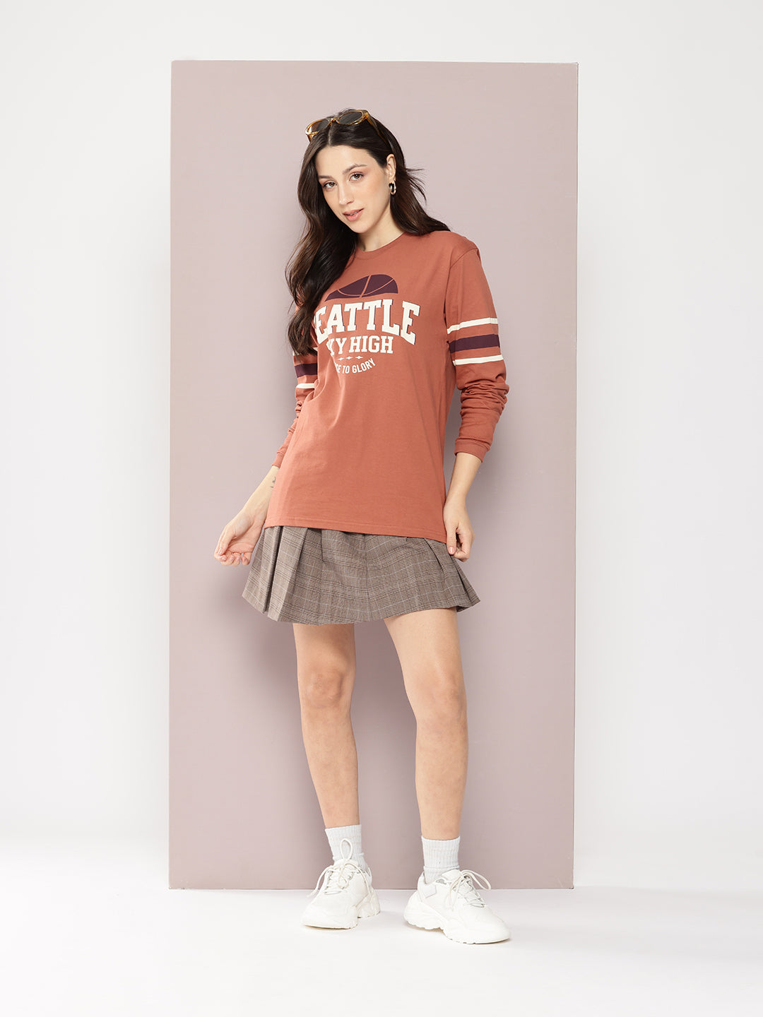 Womens Full Sleeve Round Neck Printed Oversized Fit Tshirts