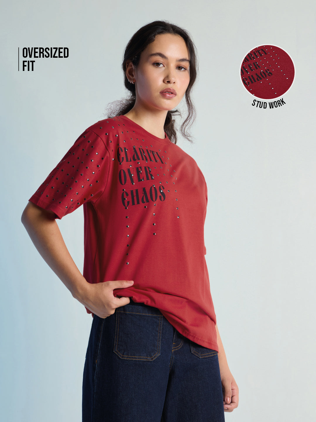 Womens Stud Detailed Oversized Round Neck Tshirt 