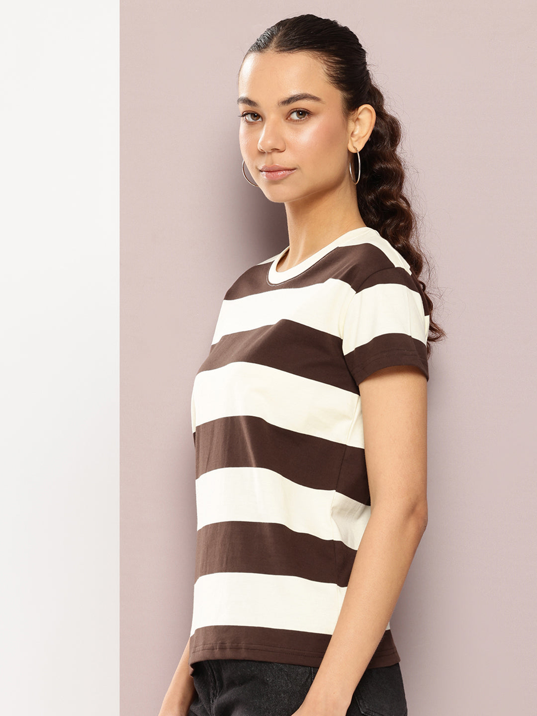 Womens Half Sleeve Round Neck Striped Regular Fit Tshirts