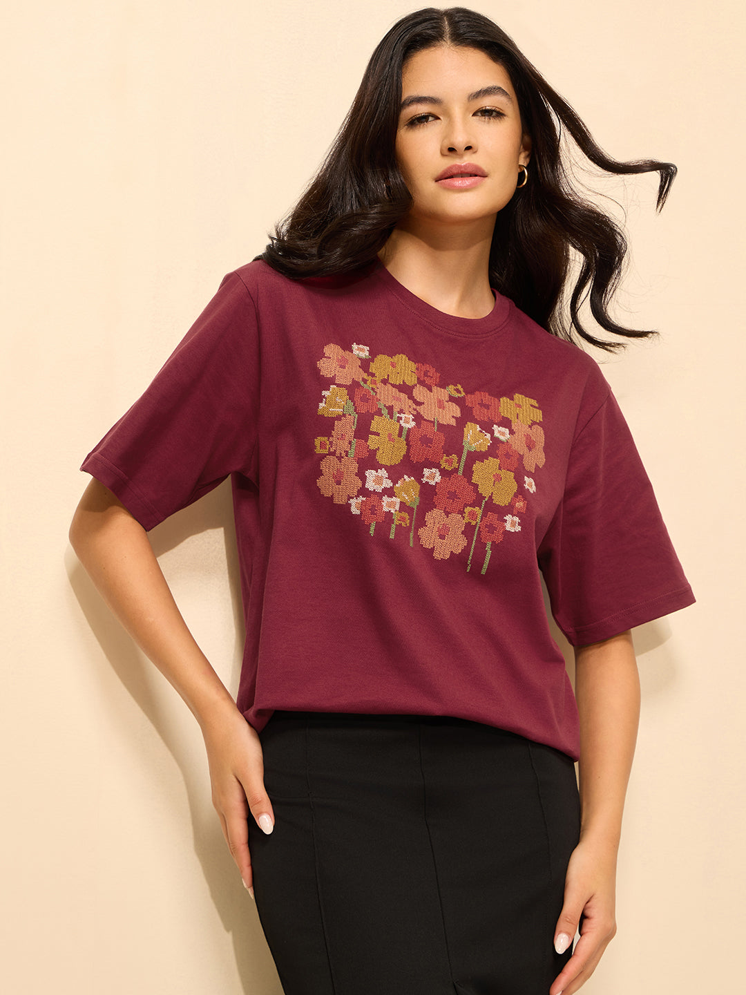 Womens Embroidery Oversized Fit Cotton T-Shirt