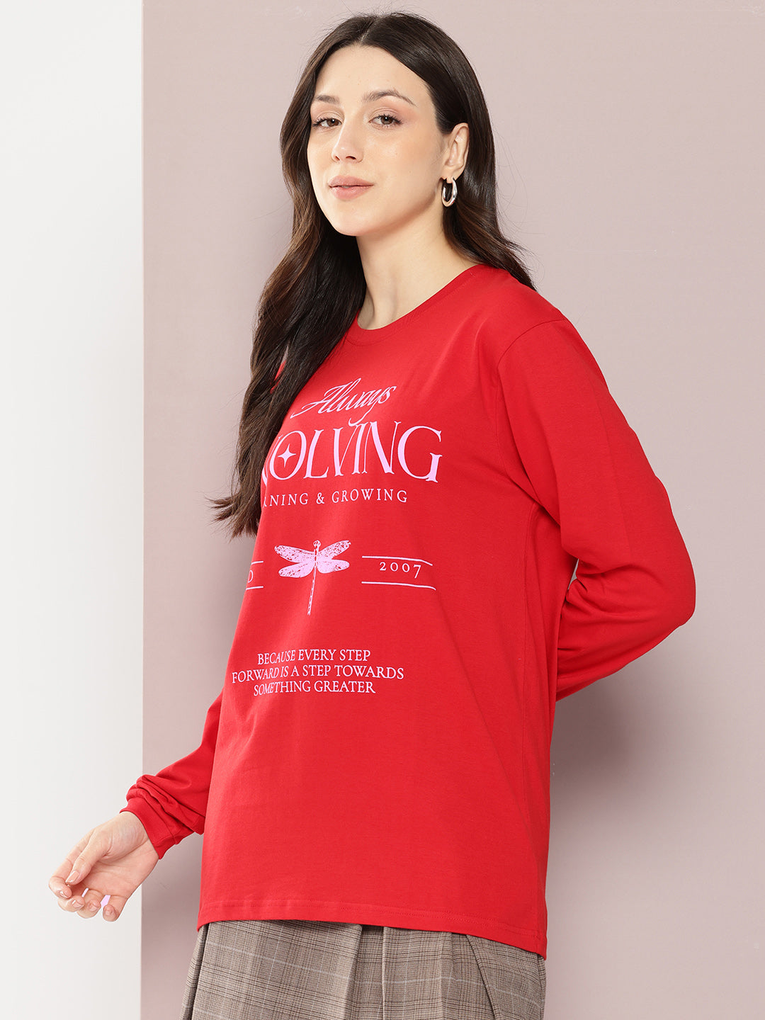 Womens Full Sleeve Round Neck Printed Oversized Fit Tshirts