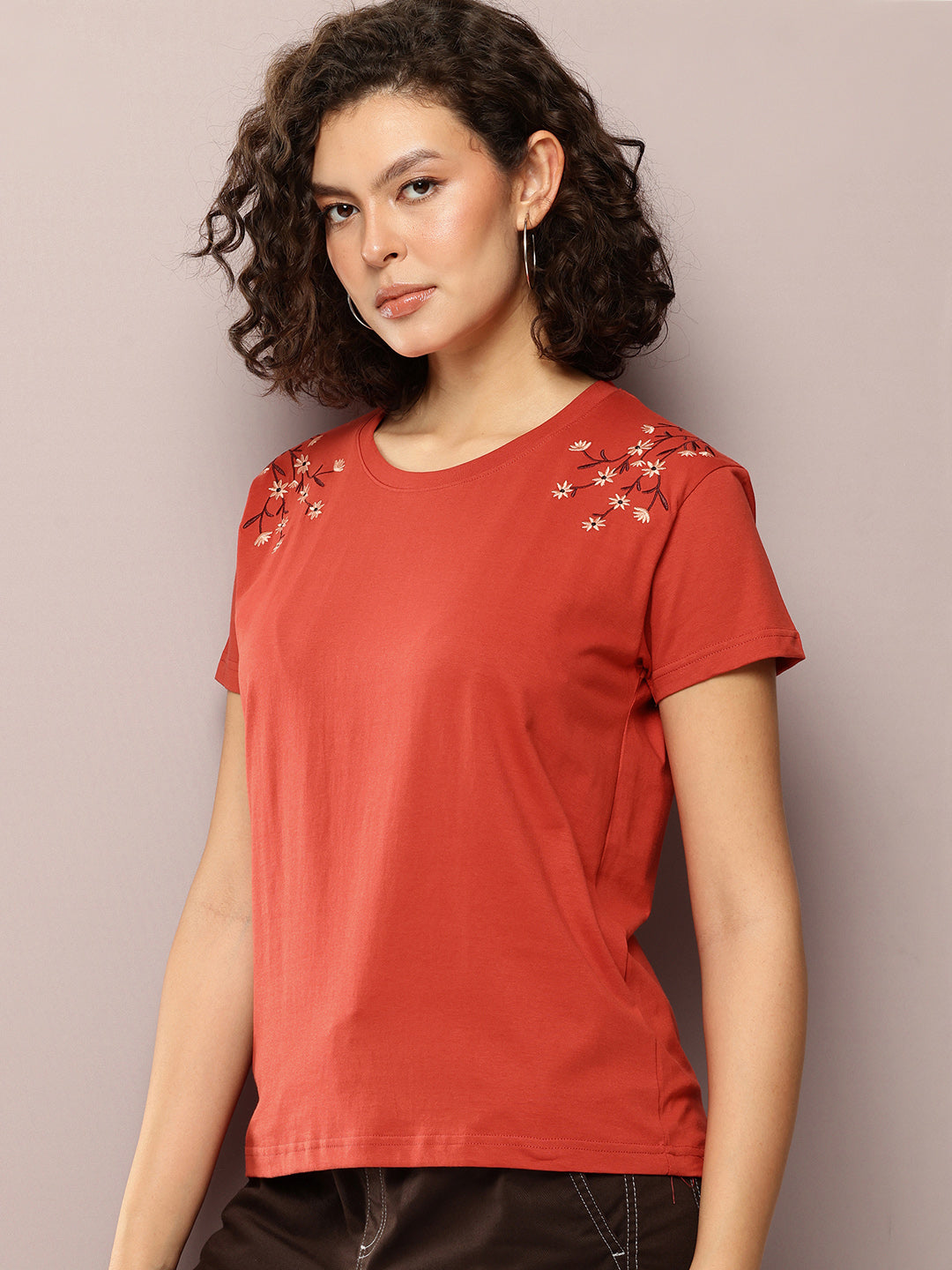 Womens Half Sleeve Round Neck Embroidery Boxy Fit Tshirts