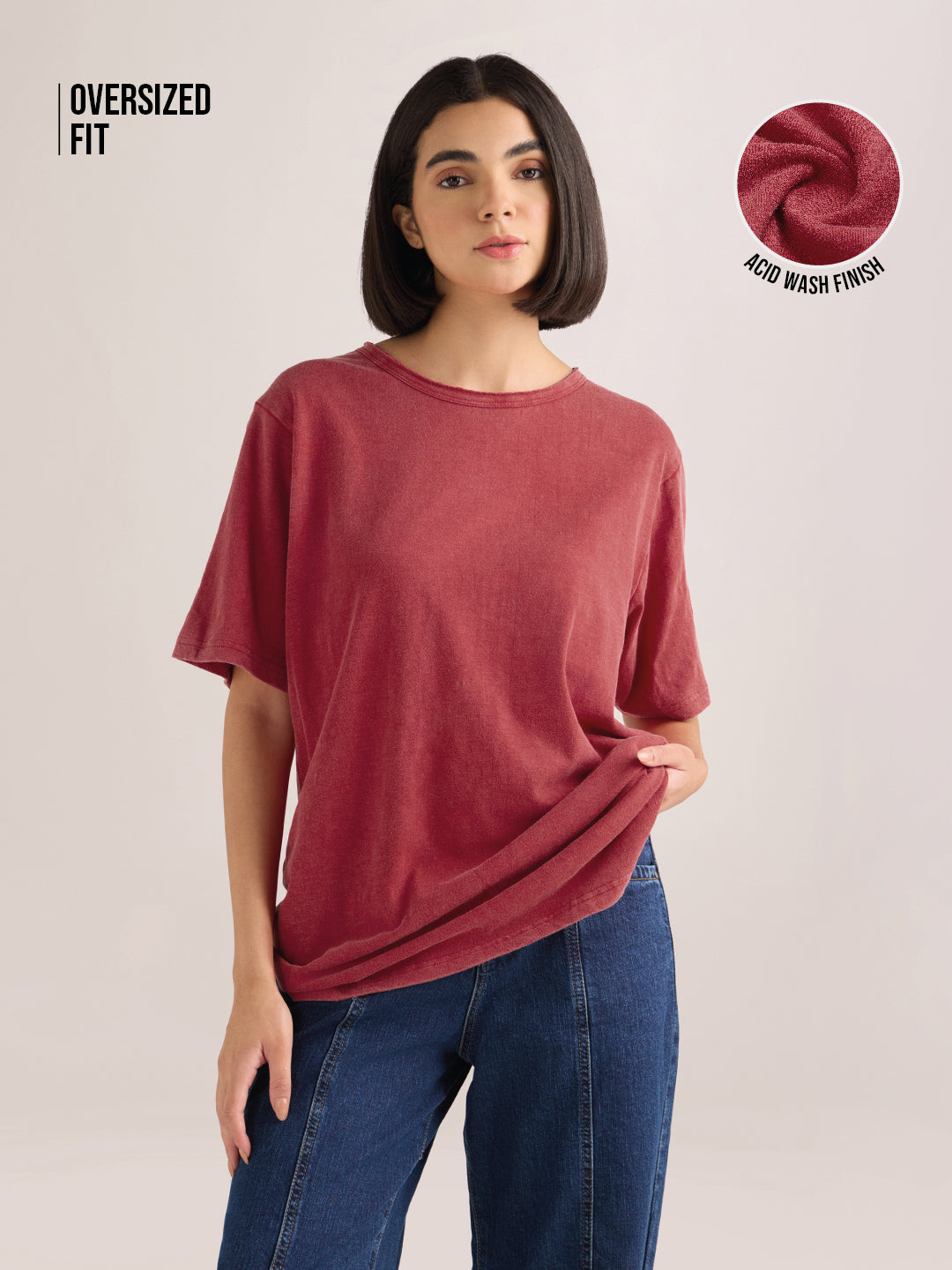 Womens Solid Oversized Slub Jersey Acid Washed  Boat Neck Tshirt