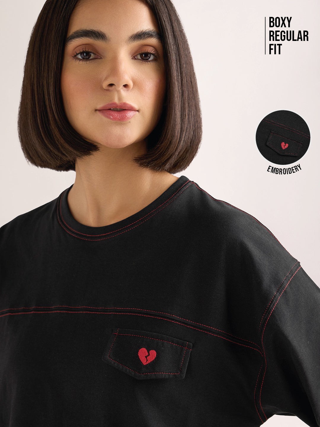 Womens Embroidery Boxy Regular Fit Cut & Sew Cotton Tshirt