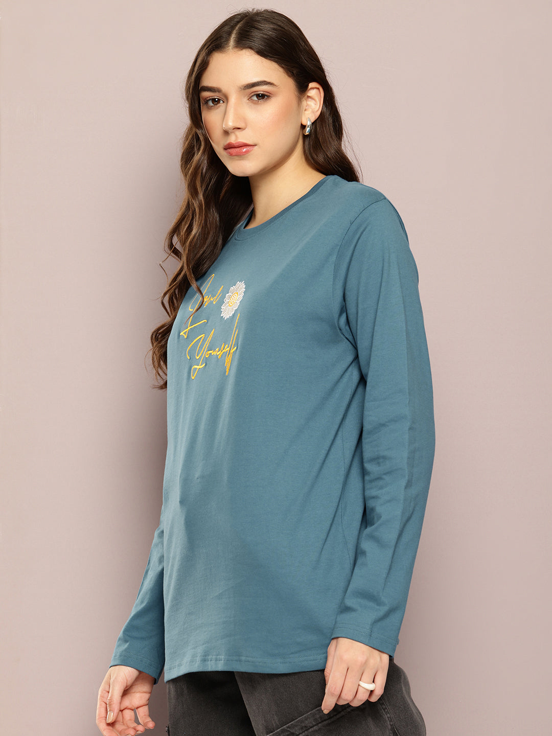 Womens Full Sleeve Round Neck Printed Oversized Fit Tshirts