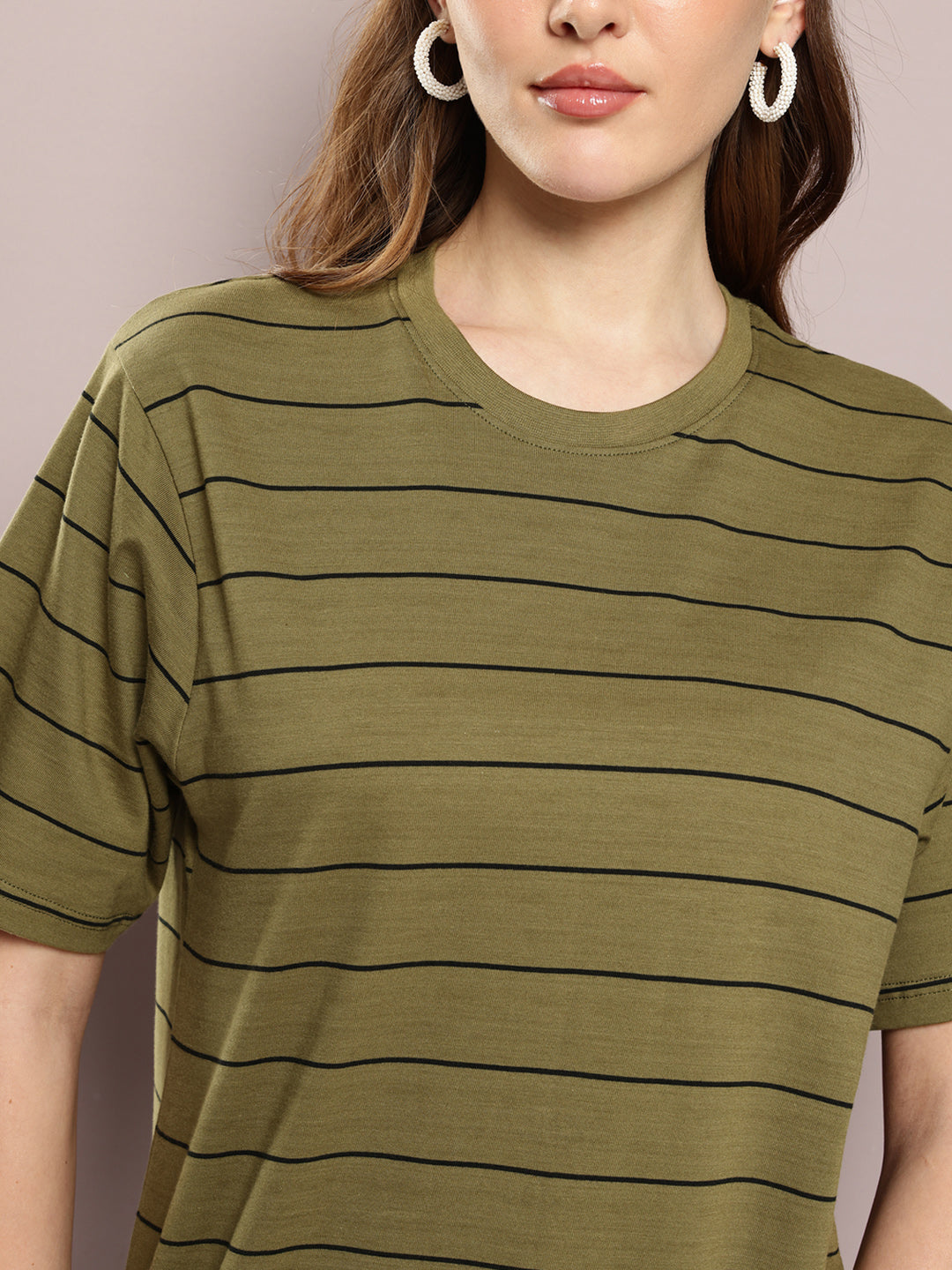 Womens Half Sleeve Round Neck Striped Oversized Fit Tshirts