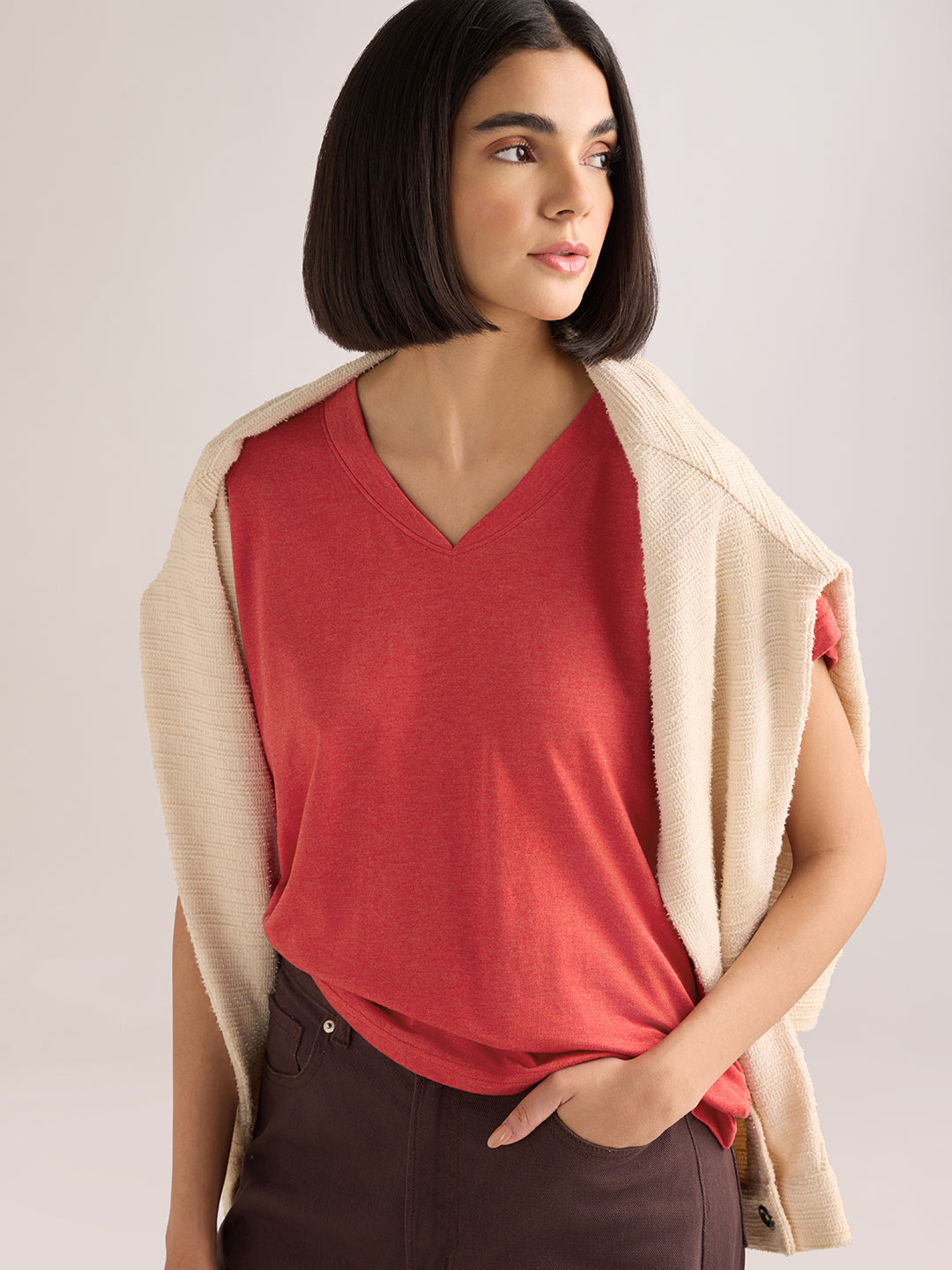 Womens Solid Regular Fit Poly Cotton  V-Neck Tshirt