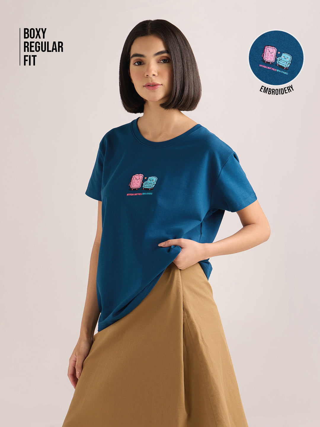 Womens Embroidery Boxy Regular Fit French Terry Cotton Tshirt