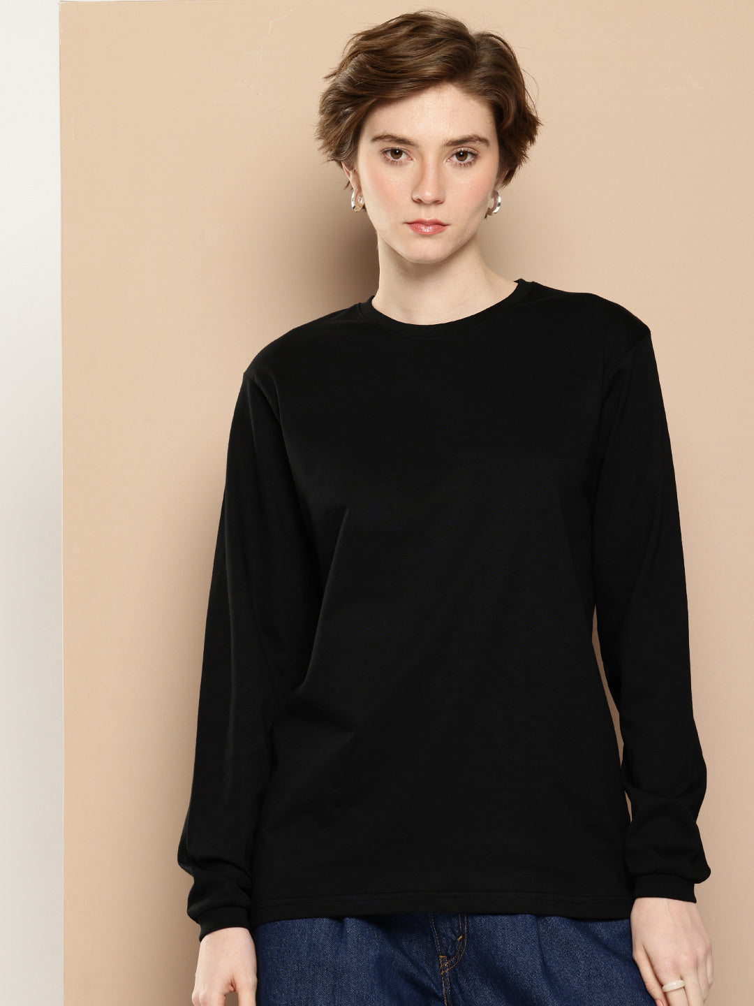 Womens Full Sleeve Round Neck Back Printed Oversized Fit Tshirts