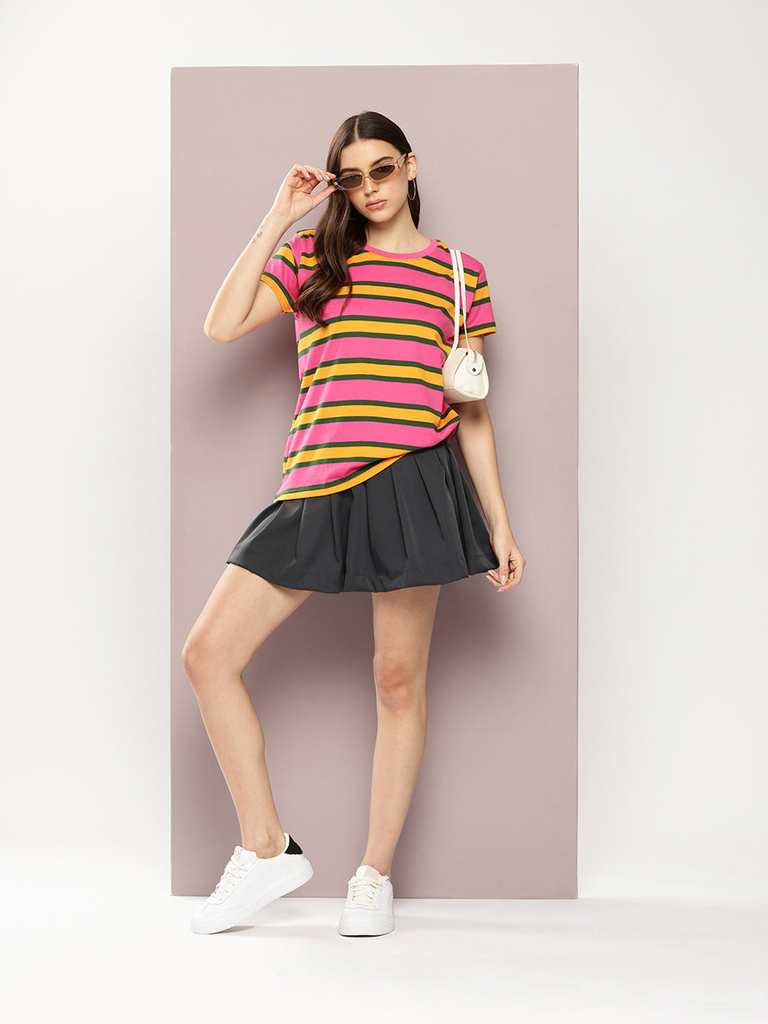 Womens Half Sleeve Round Neck All-Over Striped Boxy Fit Tshirts