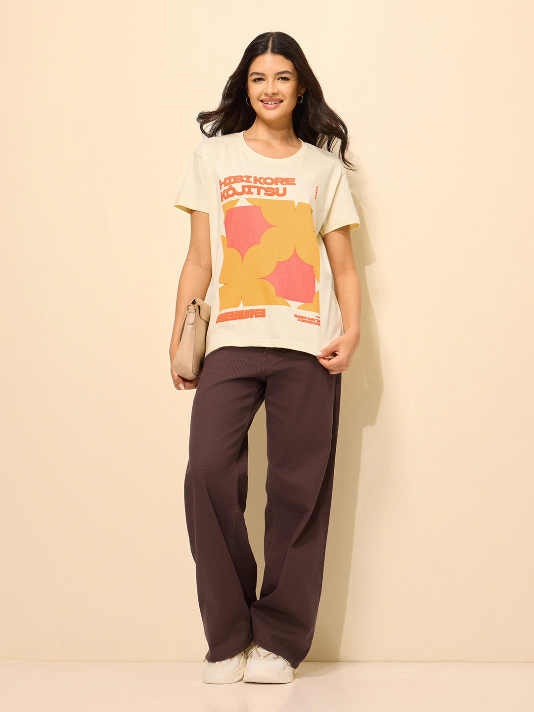Womens Printed Boxy Regular Fit Cotton T-Shirt
