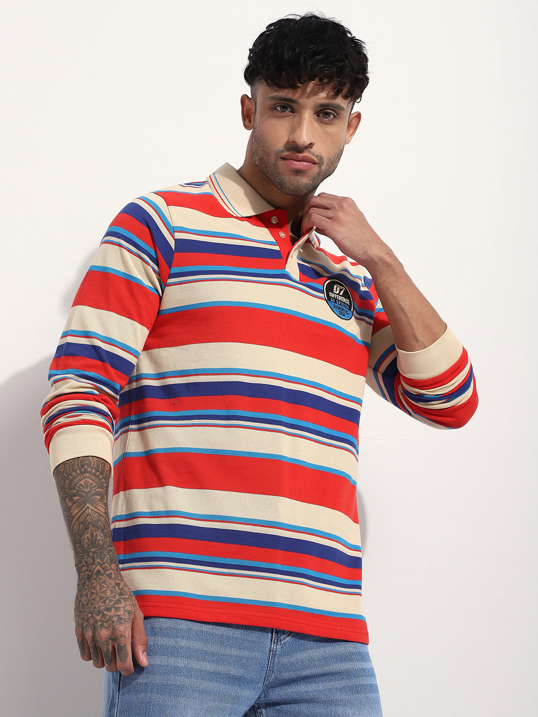 Mens Full Sleeve Polo Neck Striped Regular Fit Tshirts
