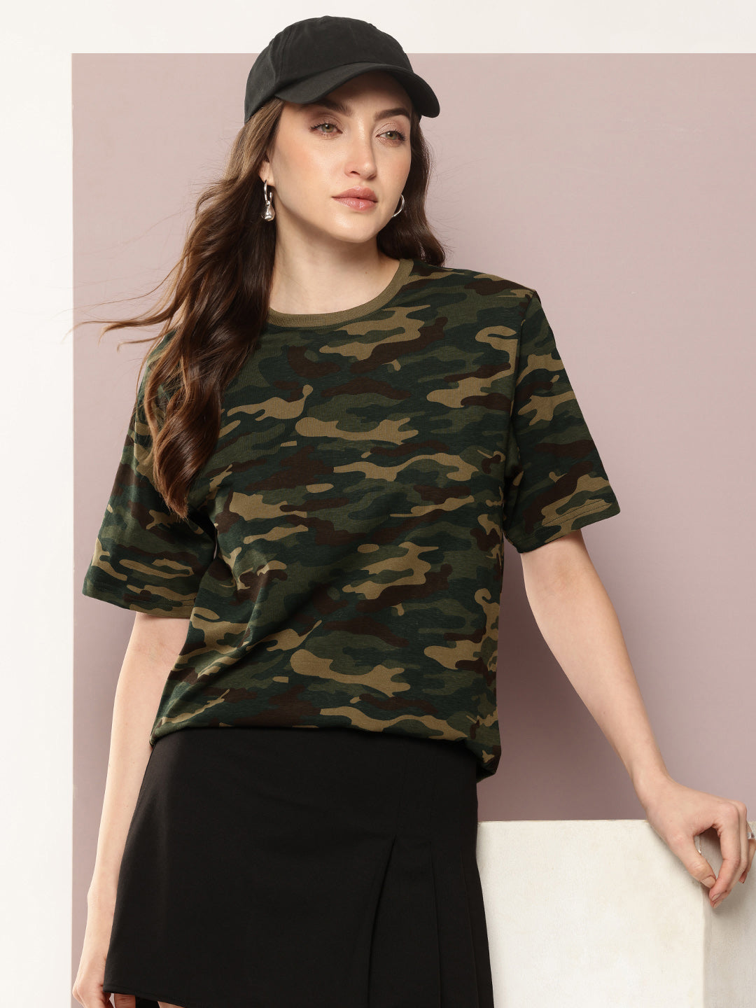 Womens Half Sleeve Round Neck All-Over Printed Oversized Fit Tshirts