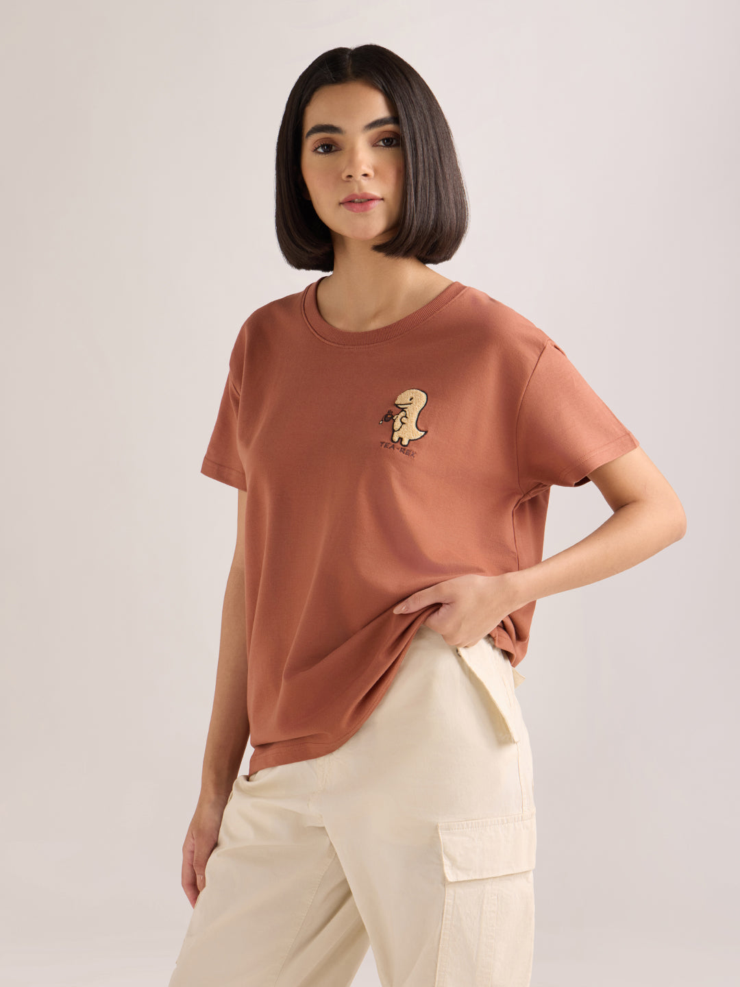 Womens Embroidery Boxy Regular Fit French Terry Cotton Tshirt