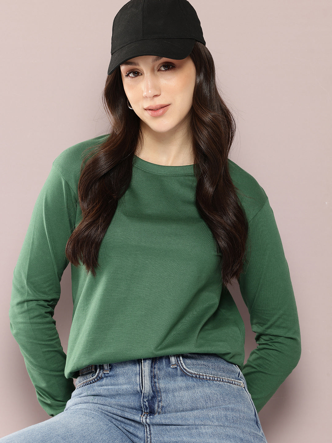 Womens Full Sleeve Round Neck Solid Regular Fit Tshirts