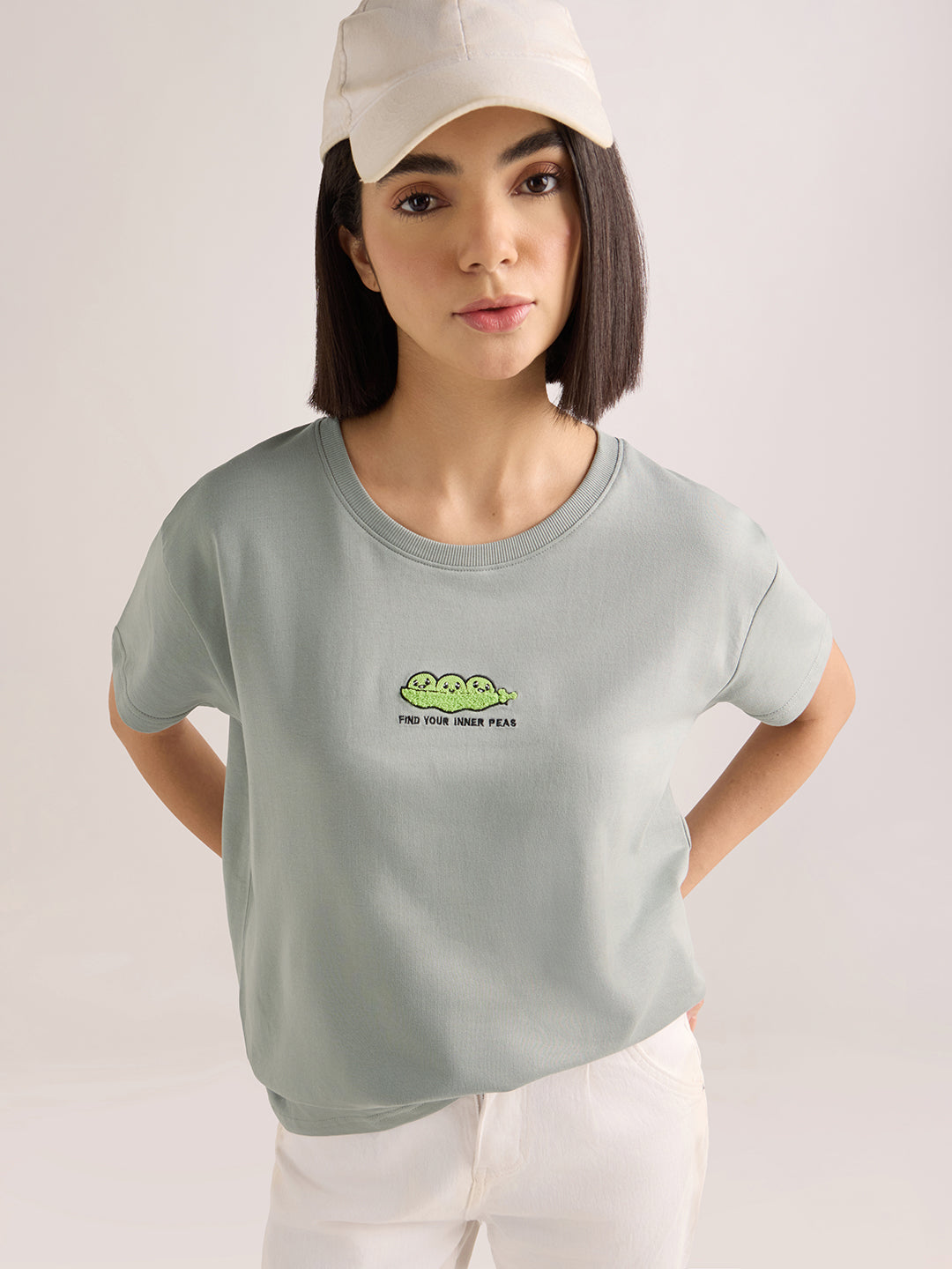 Womens Embroidery Boxy Regular Fit French Terry Cotton Tshirt