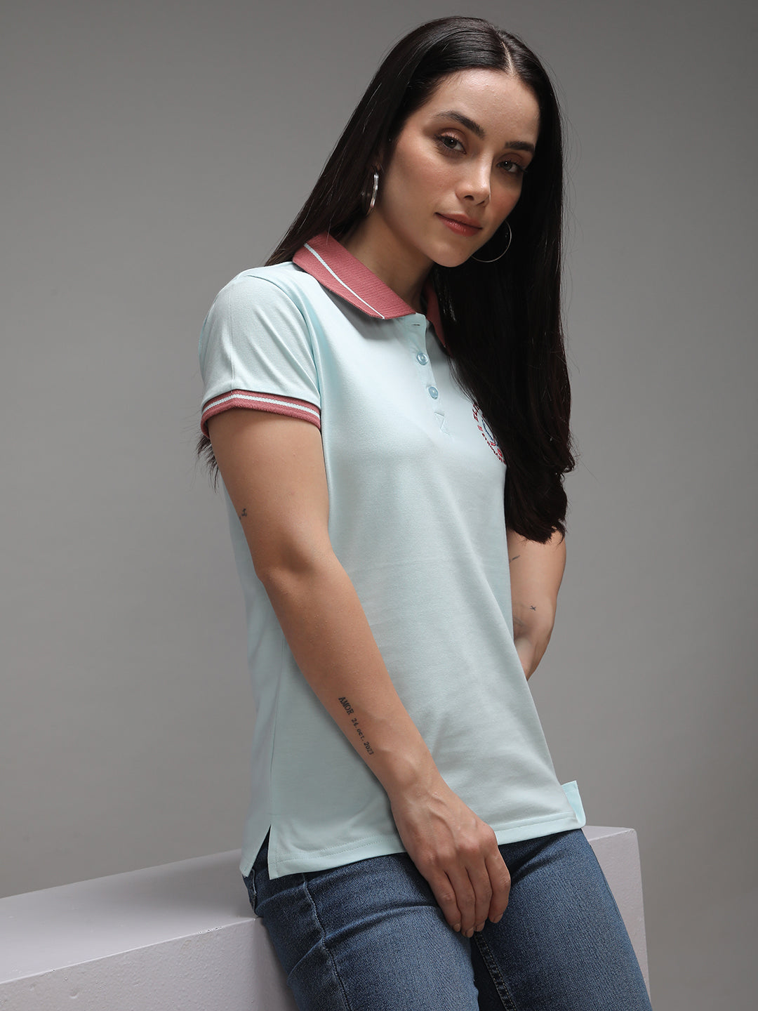 Womens Half Sleeve Polo Neck Solid Regular Fit Tshirts