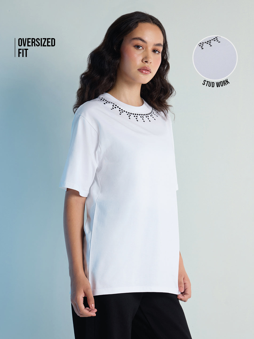 Womens Stud Detailed Oversized Round Neck Tshirt 