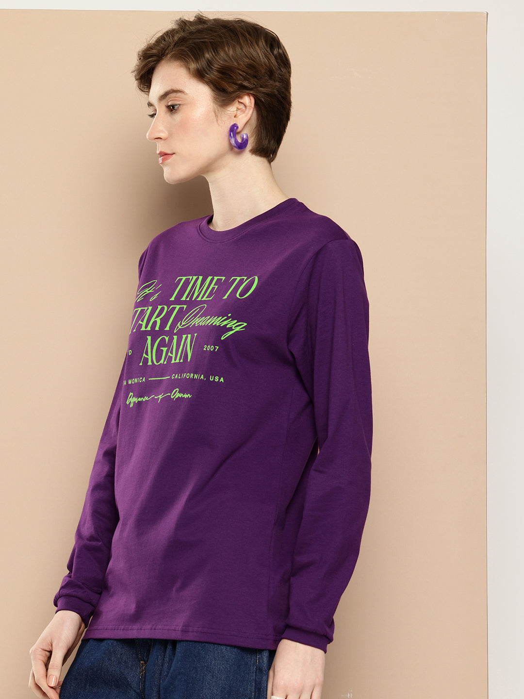 Womens Full Sleeve Round Neck Printed Oversized Fit Tshirts