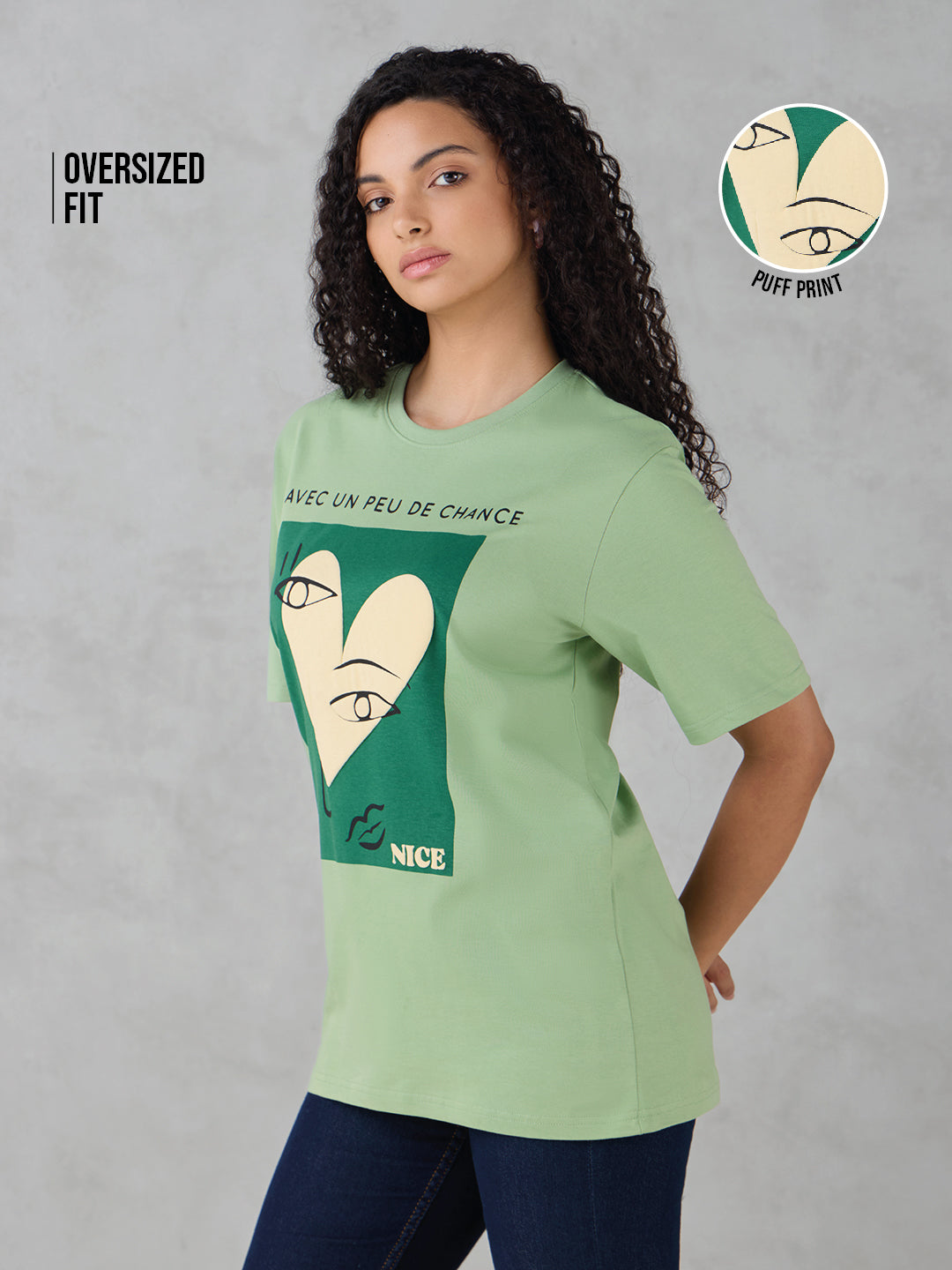 Womens Half Sleeve Puff Printed Oversized Fit Tshirt