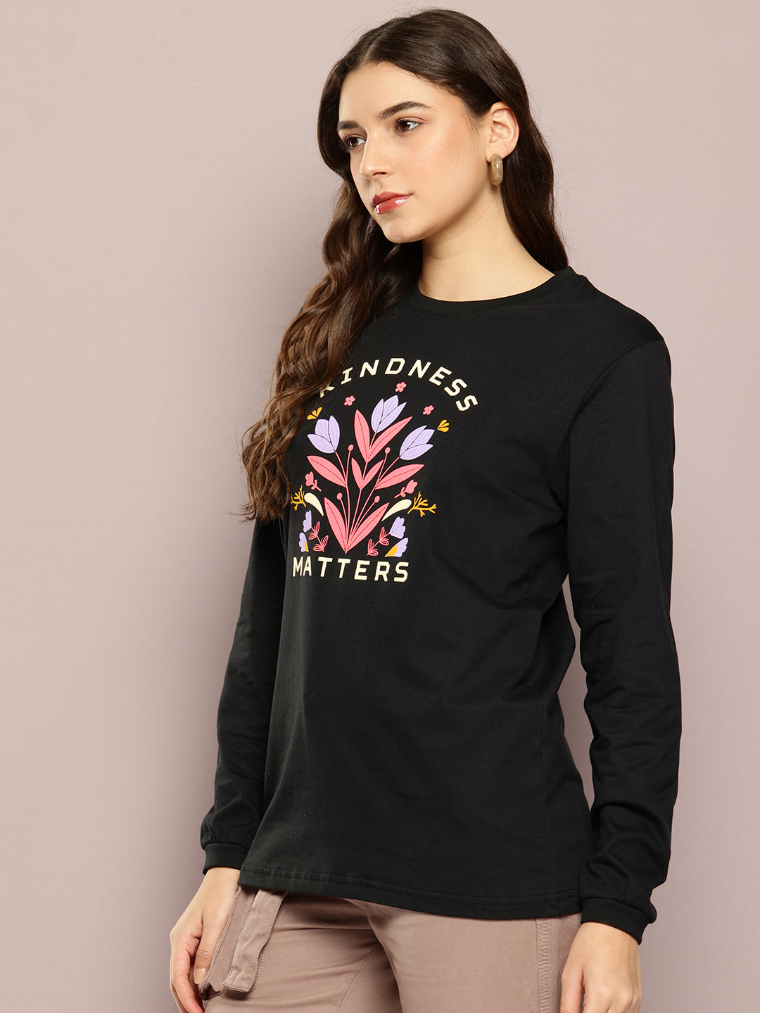 Womens Full Sleeve Round Neck Printed Oversized Fit Tshirts